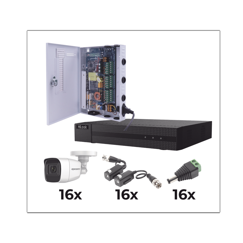 [KESTX8T16BGP/A] KIT TurboHD 1080p / DVR 16 Canales / 16 Cámaras Bala Policarbonato con Microfono (exterior 2.8 mm) / Transceptores / Conectores / Fuente de Poder Profesional