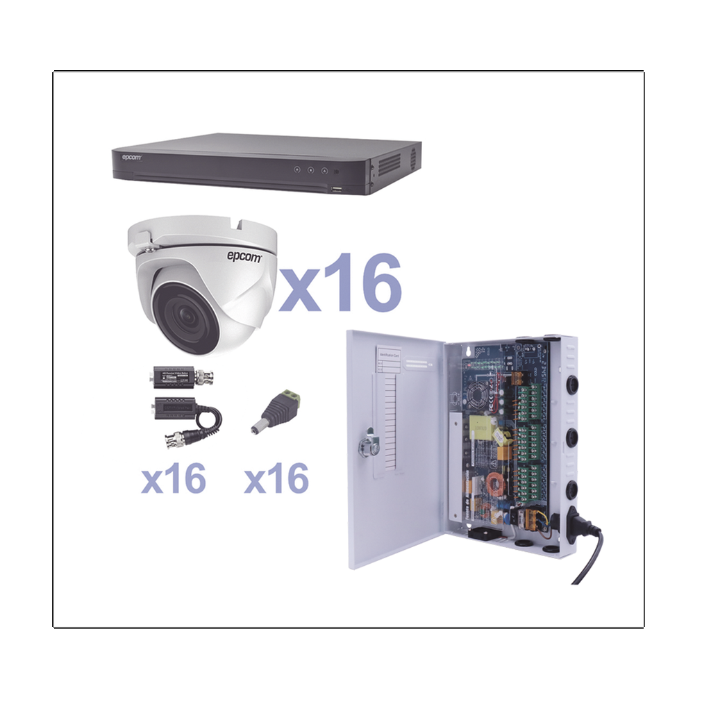 [KEVTX8T16EW] KIT TurboHD 1080p / DVR 16 Canales / 16 Cámaras Eyeball (exterior 2.8 mm) / Transceptores / Conectores / Fuente de Poder Profesional
