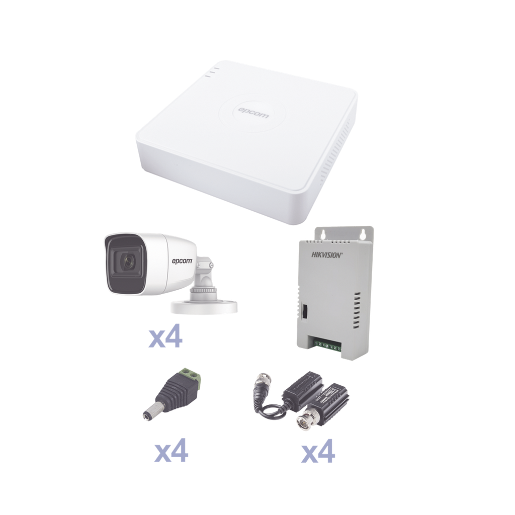 [KEVTX8T4BG/A] KIT TurboHD con Audio 1080p / DVR 4 Canales / 4 Cámaras Bala (exterior 2.8 mm) / Transceptores / Conectores / Fuente de Poder / AUDIO POR COAXITRON