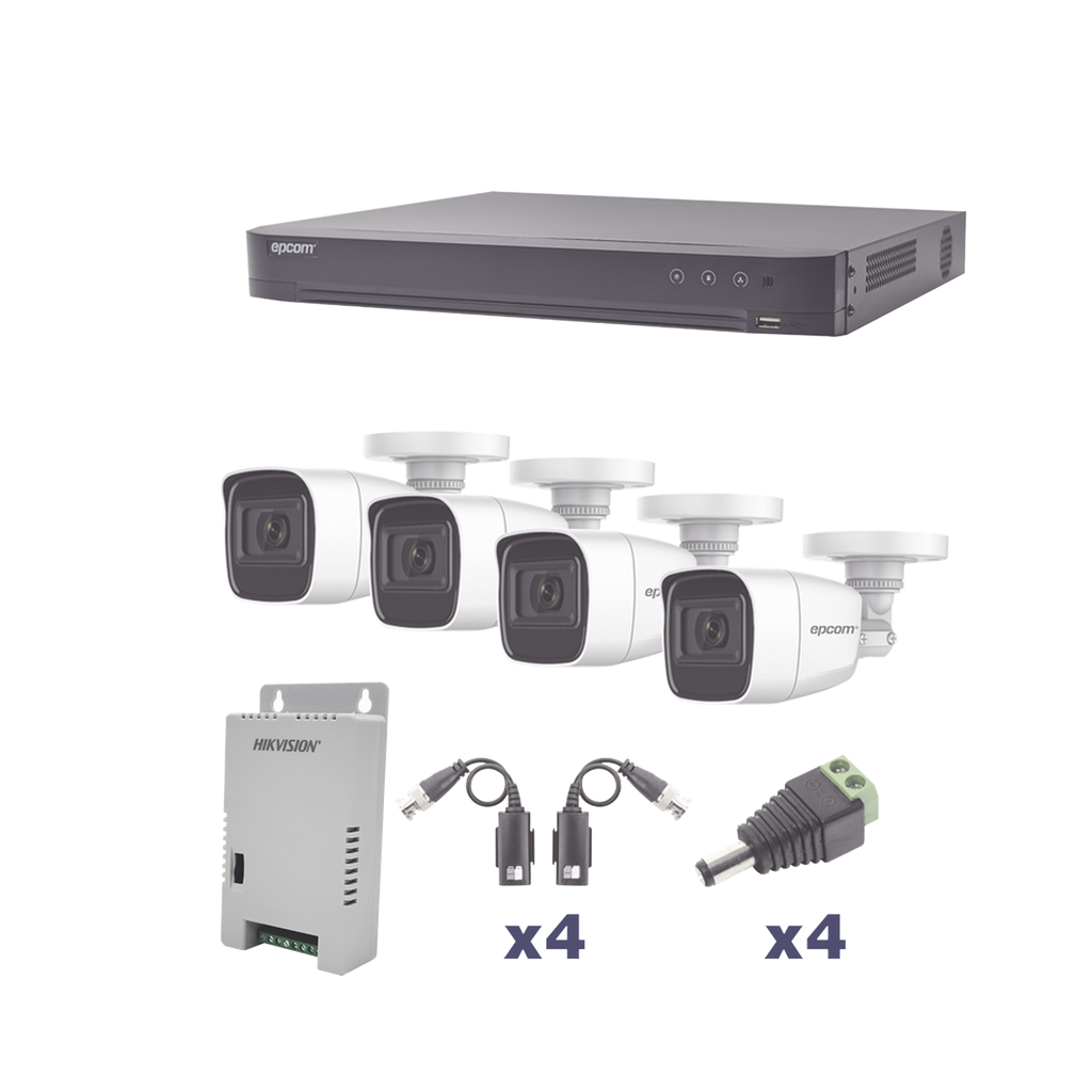 [KEVTX8T4BW/A] KIT TurboHD 1080p / DVR 4 Canales / 4 Cámaras Bala Policarbonato con Audio Integrado (exterior 2.8 mm) / Transceptores / Conectores / Fuente de Poder Profesional