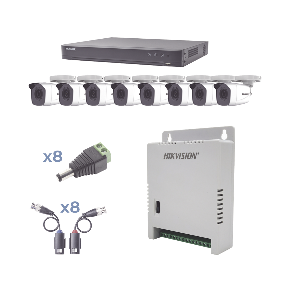 KIT TurboHD 1080p / DVR 8 Canales / 8 Cámaras Bala (exterior 2.8 mm) / Transceptores / Conectores / Fuente de Poder Profesional hasta 15 Vcc para Larga Distancias
