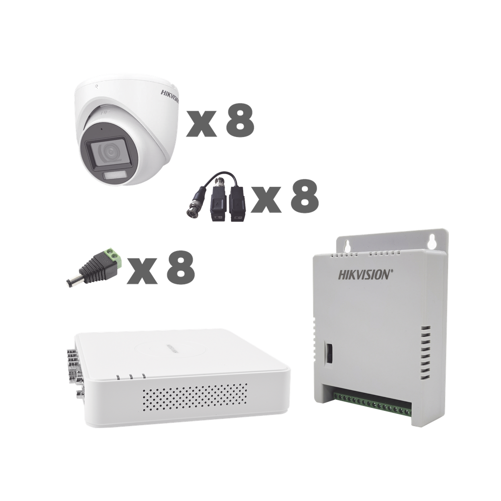 KIT TurboHD 1080p / DVR 8 Canales con audio por coaxitron / 8 Cámaras con Micrófono Integrado 101° Visión/  luz blanca + IR visión nocturna  / Transceptores / Conectores / Fuente de Poder Profesional
