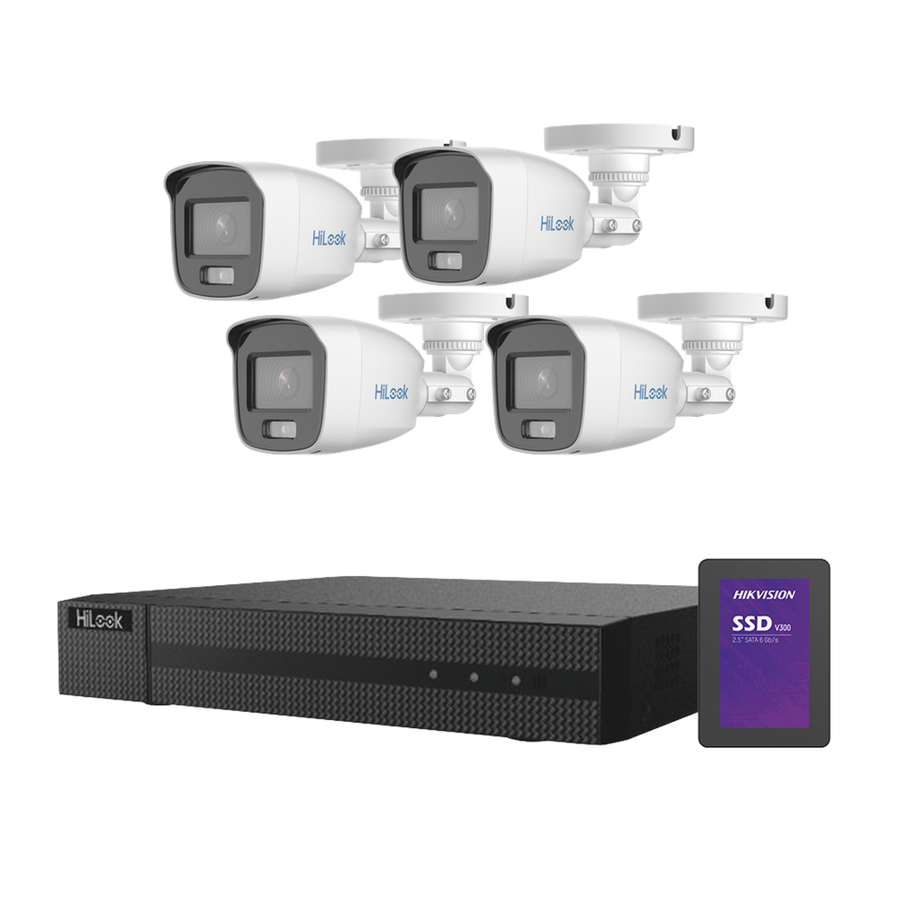 [HL-1080-CV/A/1TB] Kit TurboHD 1080p + SSD 1 TB / DVR 4 Canales / 4 Cámaras Bala ColorVu con Micrófono Integrado / Fuente de Poder / Accesorios de Instalación