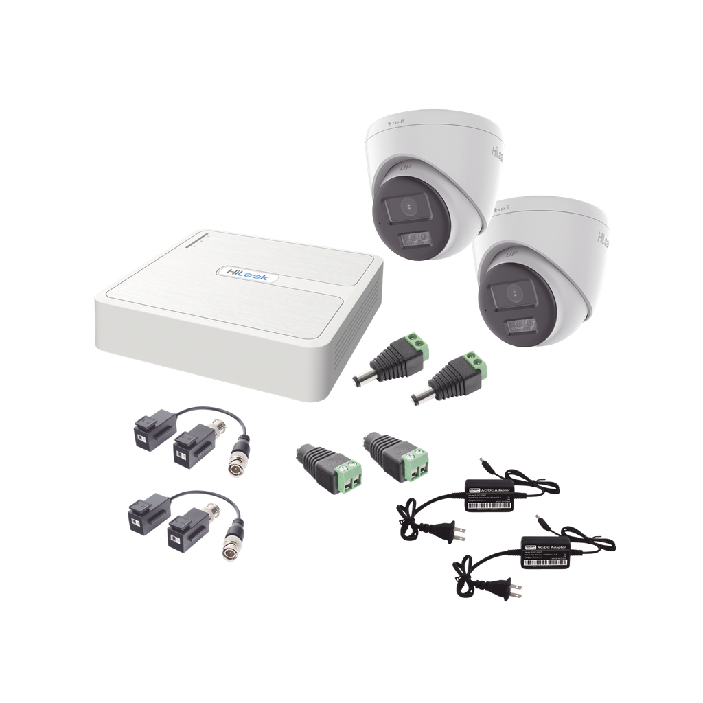 [HL-1080P-2E-TWA] Kit HiLook Audio Bidireccional TurboHD 1080p / DVR 4 Canales / 2 Cámaras Turret (Exterior) con Bocina y Microfóno Integrado / 2 Fuentes de Poder / Accesorios