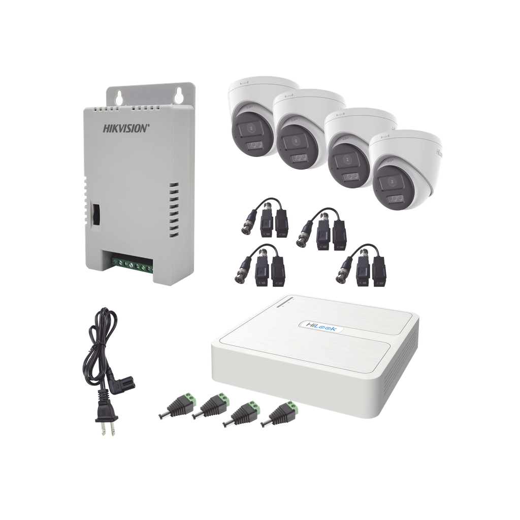 [HL-1080P-4E-TWA] Kit HiLook Audio Bidireccional TurboHD 1080p / DVR 4 Canales / 4 Cámaras Eyeball (Exterior) con Bocina y Microfóno Integrado / 1 Fuente de Poder / Accesorios