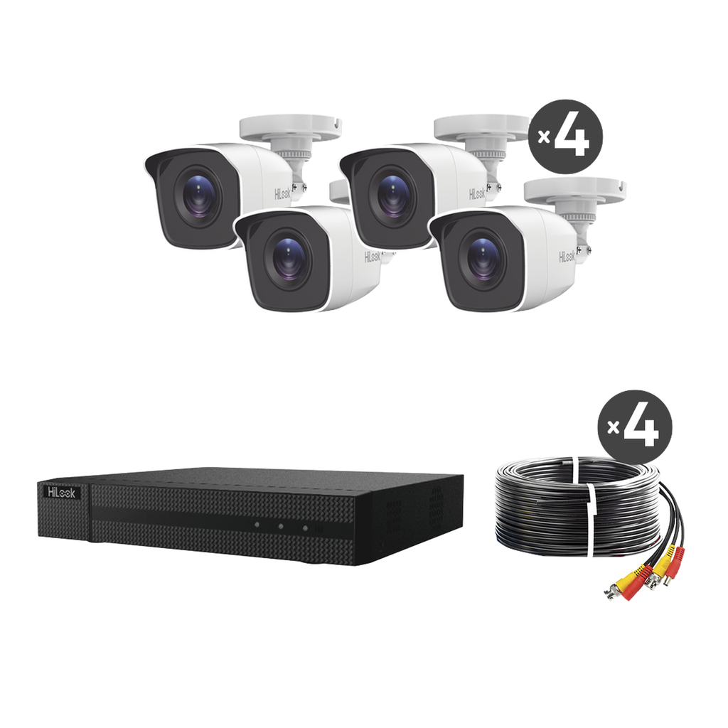[HL24LQKITS-M(B)] KIT TurboHD 1080p / DVR 4 canales / 4 Cámaras Bala de Metal / H.265+ / 1 Fuente de Poder Profesional / Accesorios de Instalación