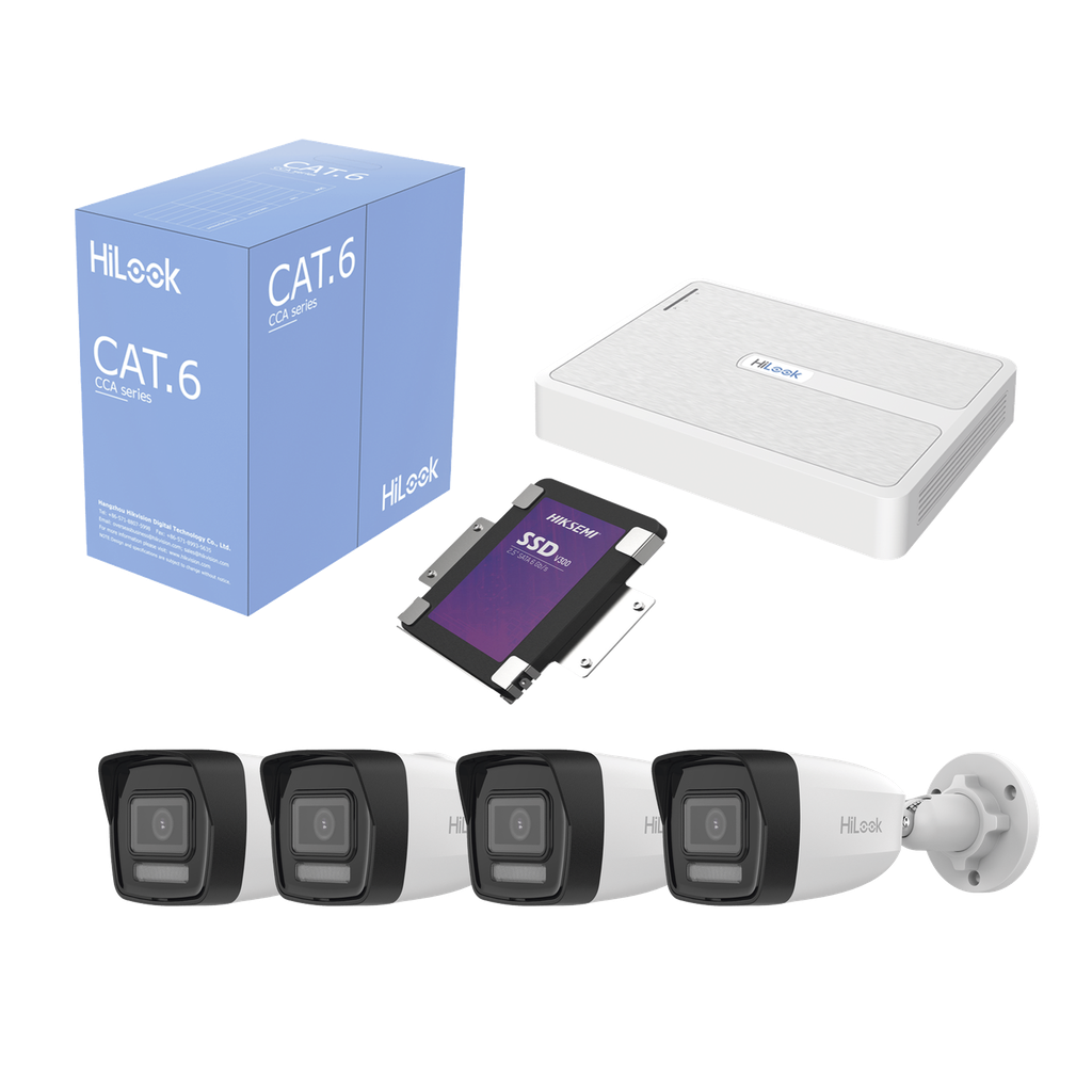 Kit IP 2 Megapixel / NVR de 8 Canales con 8 Puertos PoE / 4 Cámaras IP Bala para Exterior / Micrófono Integrado / Bobina de Cable de 305 mts / SSD 1 TB