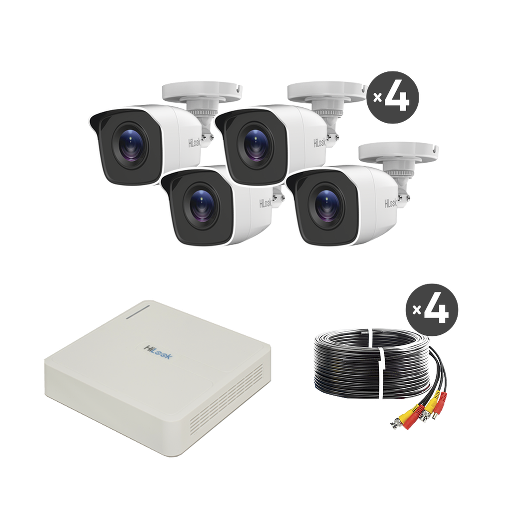 [KIT7204BP(C)] KIT TurboHD 720p / DVR 4 canales / 4 Cámaras Bala de Policarbonato / 4 Cables 18 Mts / 1 Fuente de Poder Profesional