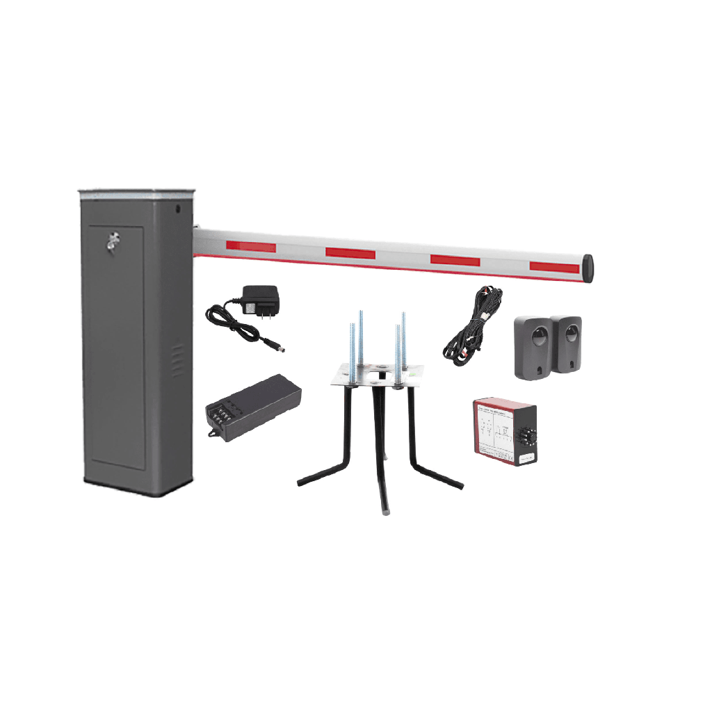 Kit COMPLETO Barrera Derecha XBF Con Corona LED / Brazo Iluminado de 3M / Incluye Sensor de Masa, Transformador, Lazo Magnético, Ancla, Fotoceldas y 2 Controles Inalámbricos