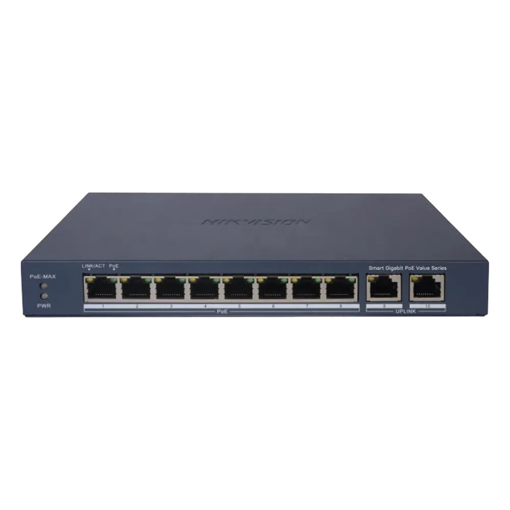 Switch Gigabit PoE+ / Administrable / 8 Puertos 1000 Mbps PoE+ / 2 Puertos 1000 Mbps de Uplink / Configuración Nube Hik-PartnerPro / Modo Extendido hasta 300 Metros / 60 W