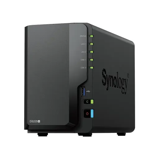 [DS225+] NAS DiskStation DS225+ | 2 Bahías | Intel Celeron J4125 | 2 GB DDR4 | Hasta 40 TB | Puertos 1GbE y 2.5GbE | USB 3.2 Gen 1 | Compatible con RAID | Synology DSM.