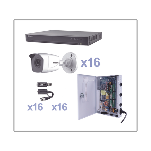 [KEVTX8T16BW] KIT TurboHD 1080p / DVR 16 Canales / 16 Cámaras Bala (exterior 2.8 mm) / Transceptores / Conectores / Fuente de Poder Profesional