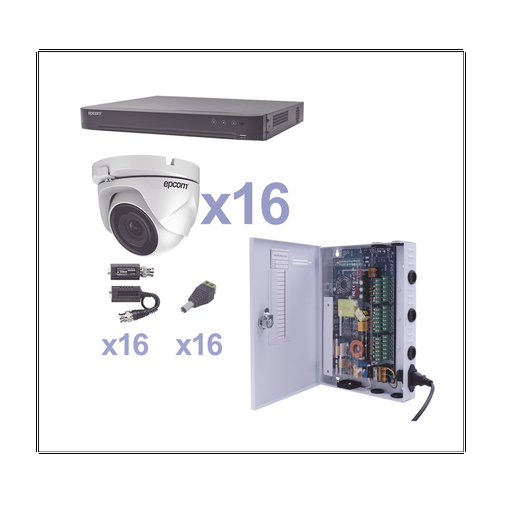 [KEVTX8T16EW] KIT TurboHD 1080p / DVR 16 Canales / 16 Cámaras Eyeball (exterior 2.8 mm) / Transceptores / Conectores / Fuente de Poder Profesional