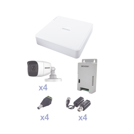 [KEVTX8T4BG/A] KIT TurboHD con Audio 1080p / DVR 4 Canales / 4 Cámaras Bala (exterior 2.8 mm) / Transceptores / Conectores / Fuente de Poder / AUDIO POR COAXITRON