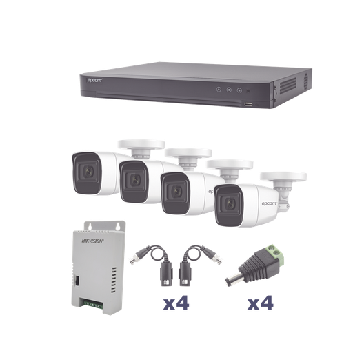 [KEVTX8T4BW/A] KIT TurboHD 1080p / DVR 4 Canales / 4 Cámaras Bala Policarbonato con Audio Integrado (exterior 2.8 mm) / Transceptores / Conectores / Fuente de Poder Profesional