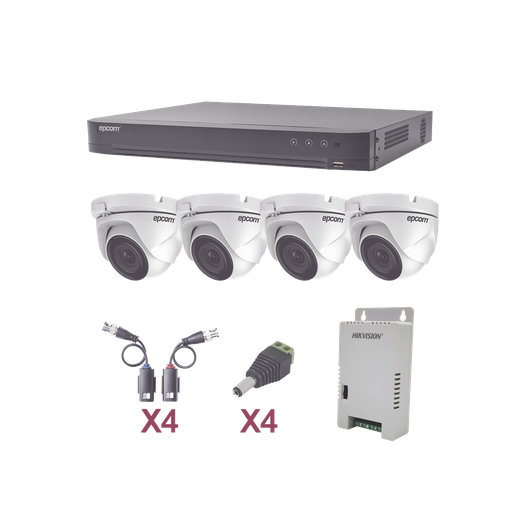 [KEVTX8T4EW] KIT TurboHD 1080p / DVR 4 Canales / 4 Cámaras Eyeball (exterior 2.8 mm) / Transceptores / Conectores / Fuente de Poder Profesional