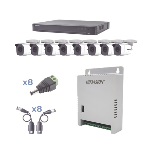[KEVTX8T8BW] KIT TurboHD 1080p / DVR 8 Canales / 8 Cámaras Bala (exterior 2.8 mm) / Transceptores / Conectores / Fuente de Poder Profesional hasta 15 Vcc para Larga Distancias