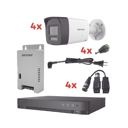 [KH-1080P-4B-TWA] Kit Audio Bidireccional TurboHD 1080p / DVR 4 Canales / 4 Cámaras Bala (Exterior) con Bocina y Microfóno Integrado / 1 Fuente de Poder / Accesorios