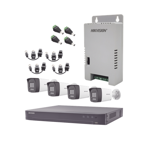 [KH-4K-4B-TWA] Kit Audio Bidireccional TurboHD 4K-3K / DVR 4 Canales 4K / 4 Cámaras Bala (Exterior) con Bocina y Microfóno Integrado 3K / 1 Fuentes de Poder / Accesorios