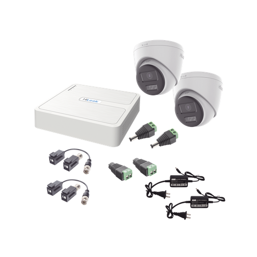[HL-1080P-2E-TWA] Kit HiLook Audio Bidireccional TurboHD 1080p / DVR 4 Canales / 2 Cámaras Turret (Exterior) con Bocina y Microfóno Integrado / 2 Fuentes de Poder / Accesorios