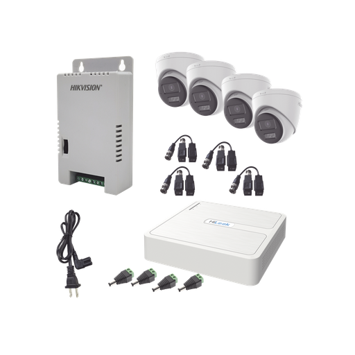 [HL-1080P-4E-TWA] Kit HiLook Audio Bidireccional TurboHD 1080p / DVR 4 Canales / 4 Cámaras Eyeball (Exterior) con Bocina y Microfóno Integrado / 1 Fuente de Poder / Accesorios
